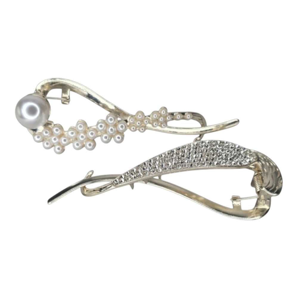 French Banana Hair Clip Piece Gold Elegant Rhinestone Pearl Wedding Prom